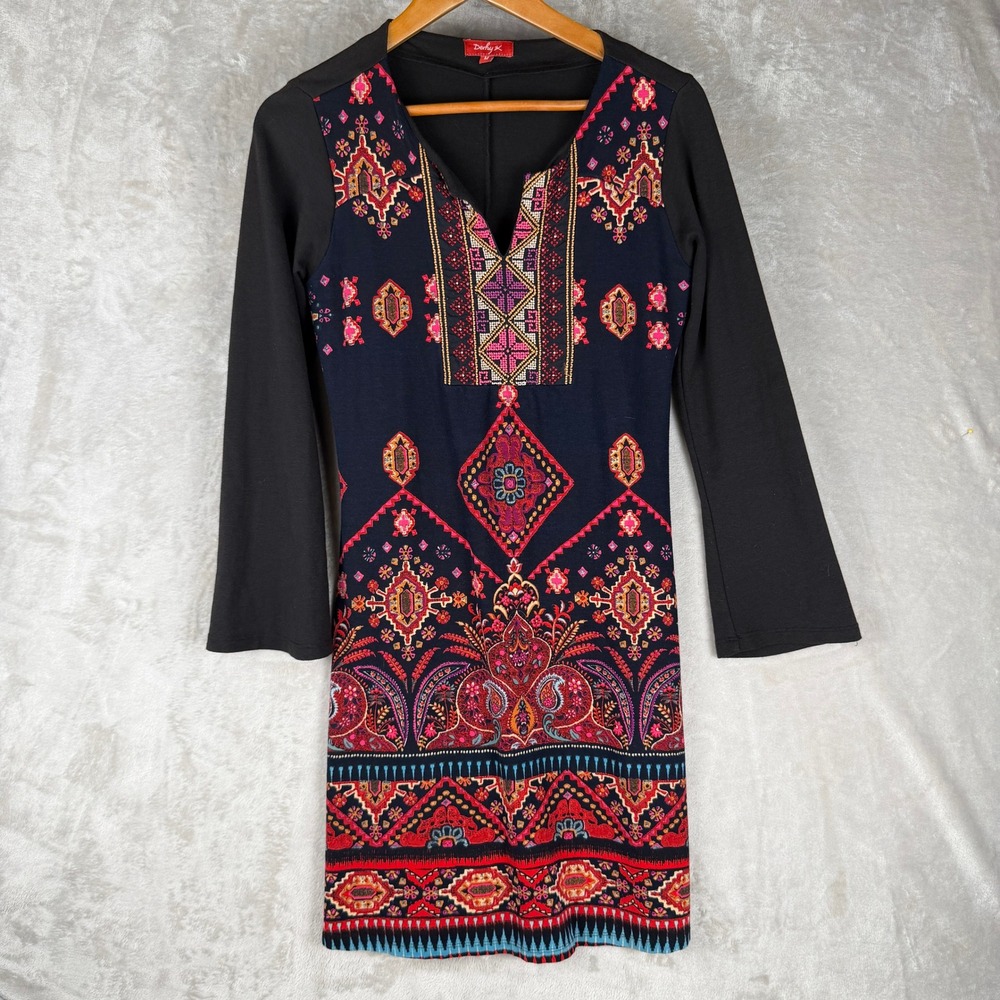 Derhy Women Black Bohemian Tapestry Print Long Sleeve Tunic Dress Size M AS IS